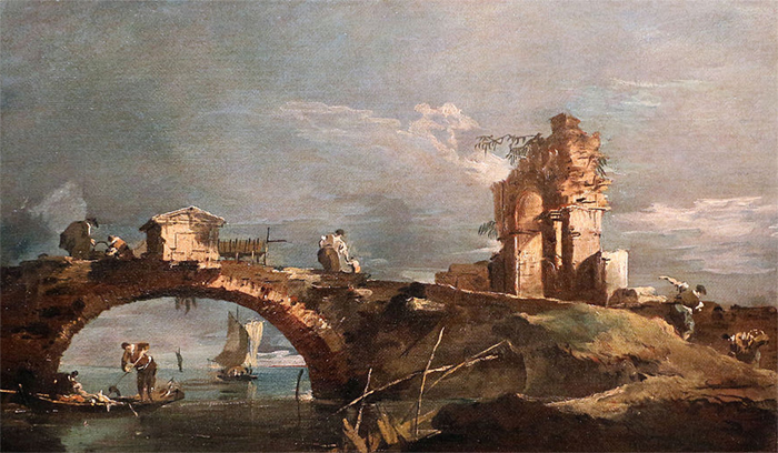 Francesco Guardi (1712-1793): Capriccio con un ponte, rovine e una laguna.